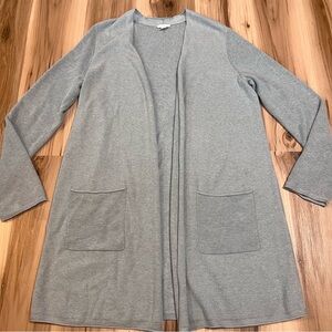 J. Jill Long Cardigan Sweater L Large Open Front Pale Light Blue Gray Duster